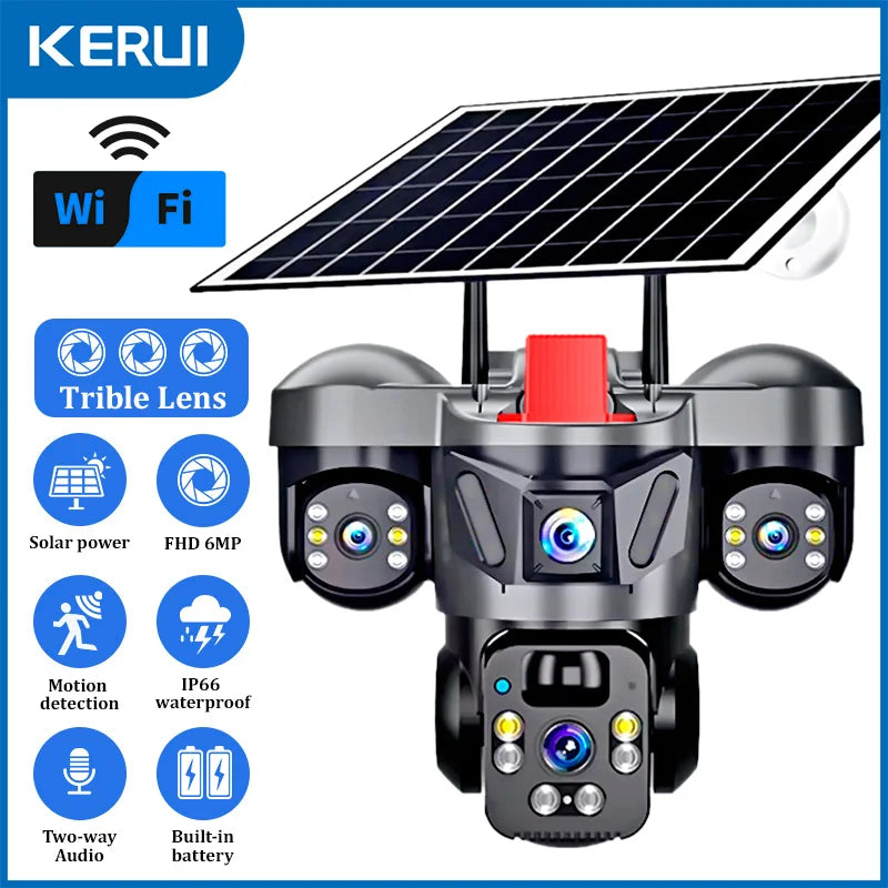 Caméra extérieure PTZ KERUI V380 Pro 6MP WIFI 4G avec panneau solaire, caméra de sécurité domestique à triple objectif, vidéosurveillance CCTV