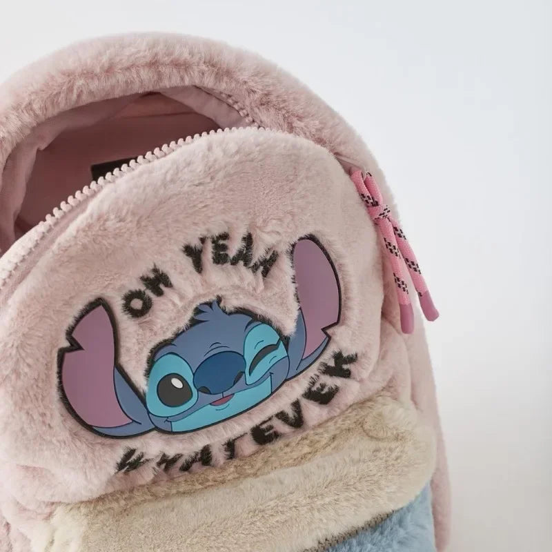 Sac à dos en cuir véritable pour enfants, peluche Disney Stitch, rose, grandes oreilles, tête d'alien, bloc de couleur
