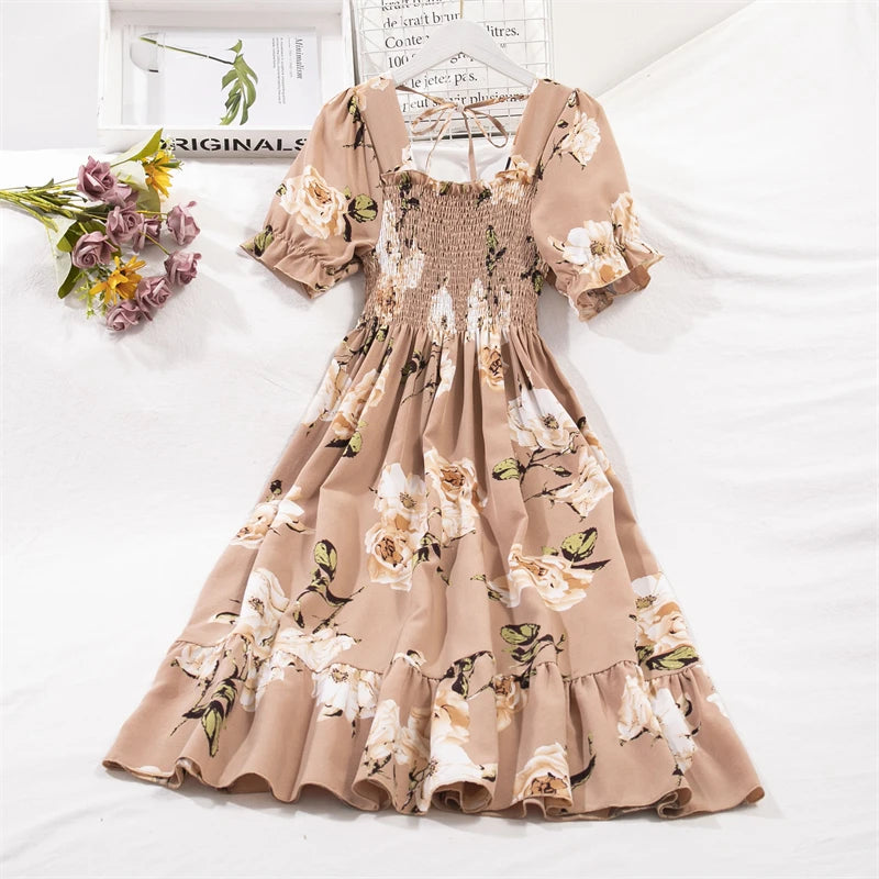 Robes en mousseline de soie pour femmes, mode femme, taille élastique, manches courtes, plissée, tenue décontractée, robes trapèze, printemps été