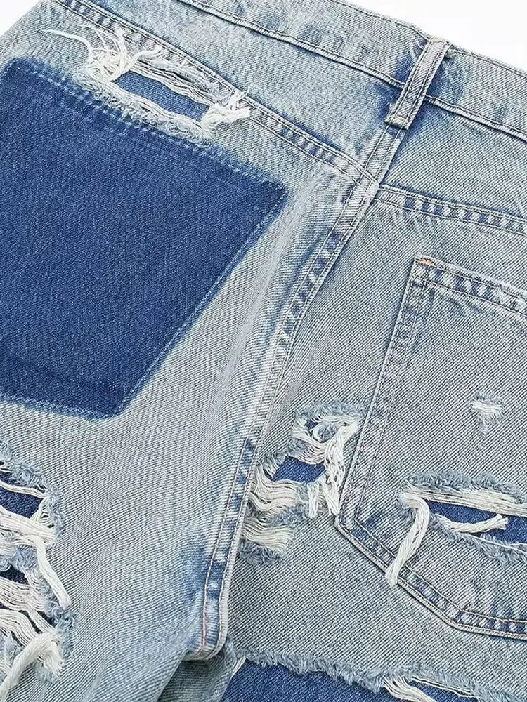 HH 2024 femmes rue mode Denim bleu jean en détresse Patchwork taille haute veste pour homme déchiré rétro pantalons longs