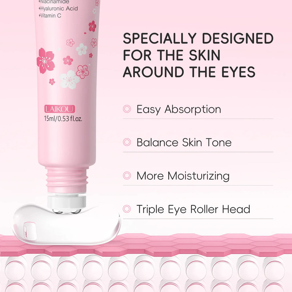 LAIKOU Sérum contour des yeux Sakura, massage à l'acide hyaluronique, soin hydratant et anti-cernes, 15 ml