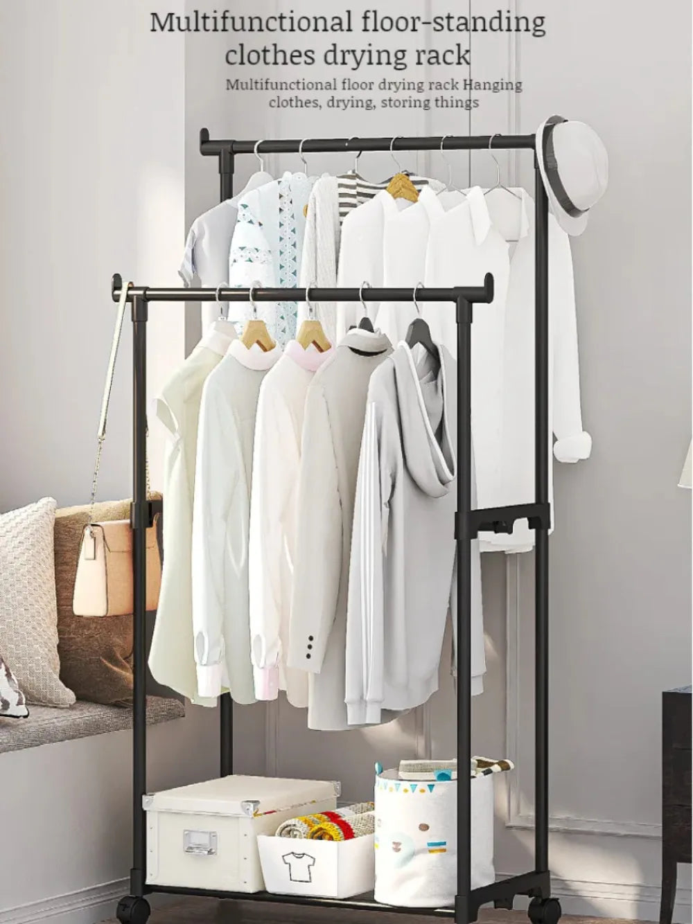 Portant à vêtements double barre avec crochets, organisateur de vêtements suspendus pour chambre à coucher, cintre mobile à roulettes