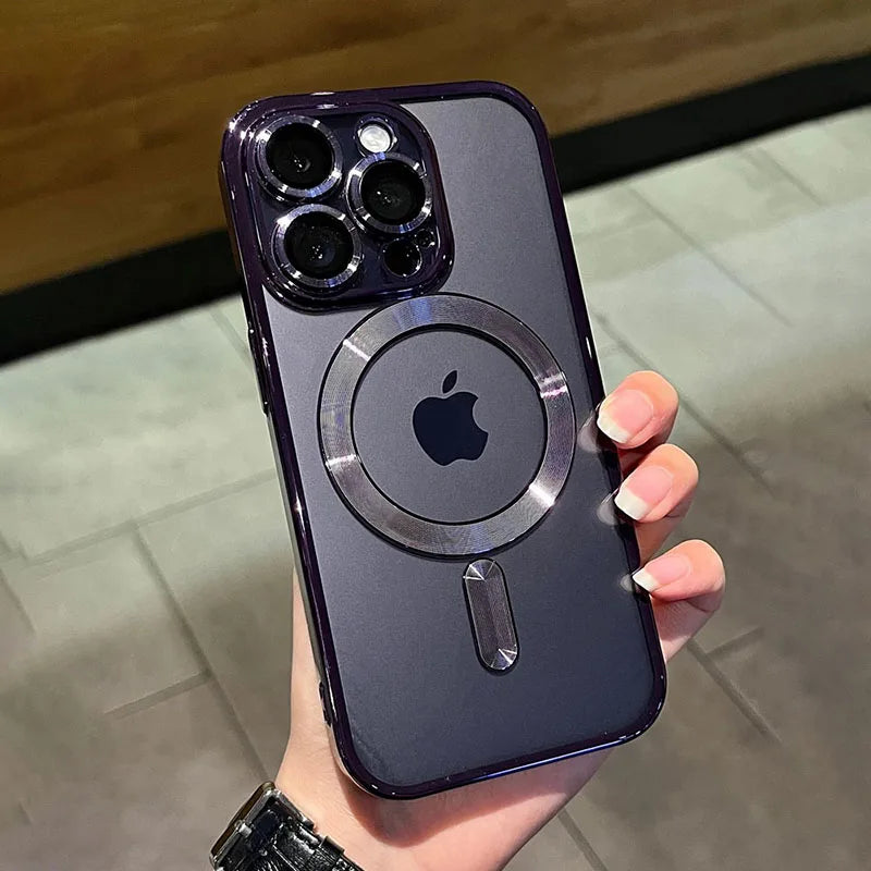 Étui transparent de luxe avec revêtement magnétique pour iPhone 11, 12, 13, 14, 15, 16, 17, Pro Max et Air Plus, compatible avec la recharge sans fil MagSafe et résistant aux chocs