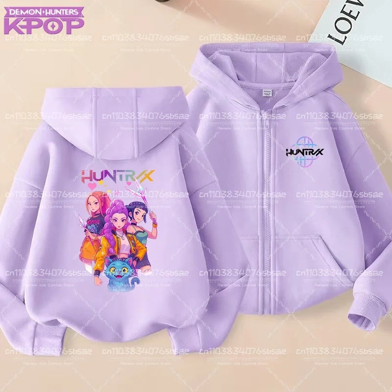Pull à capuche K-pop Demon Hunters pour enfants, style anime, veste zippée tendance, garçon/fille, printemps/automne