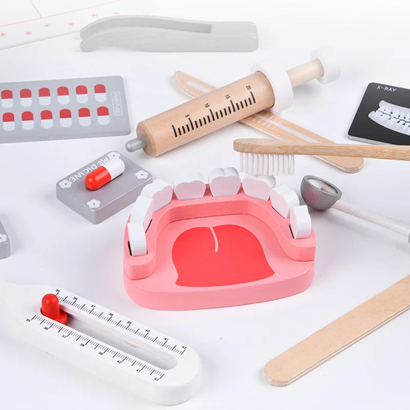 Jeu de rôle en bois de docteur pour enfants : simulation de dentiste, brossage de dents et médicaments