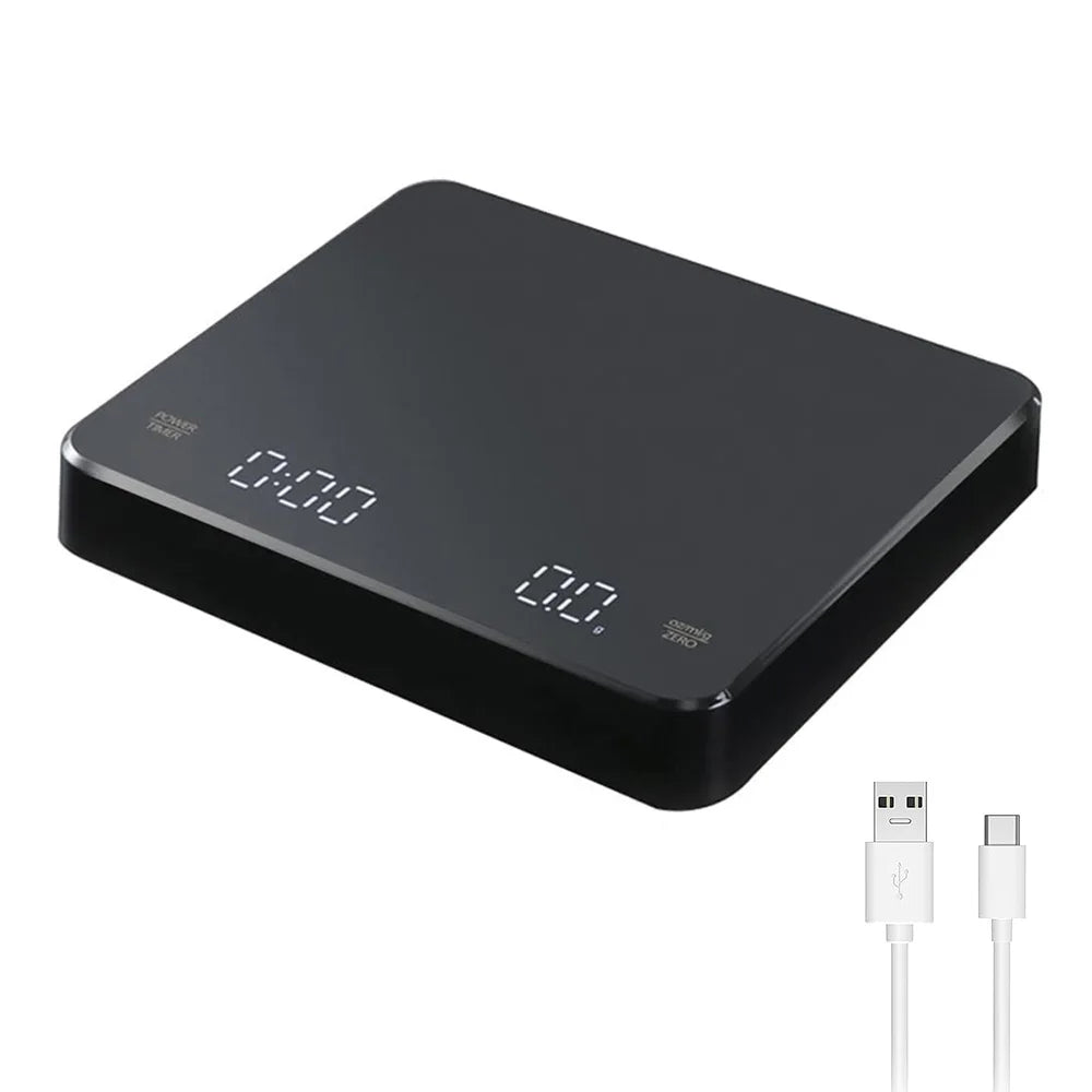 Balance de cuisine numérique avec minuteur, écran LED, port USB, capacité maximale de 3 kg, précision de pesée de 0,1 g, mesures en oz/ml/g.