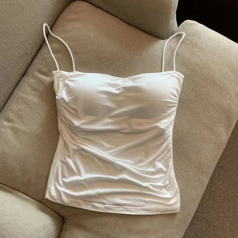 Débardeur sans manches plissé et ajusté pour femme, coupe courte, sexy et tendance, avec fines bretelles, couleur unie, style simple