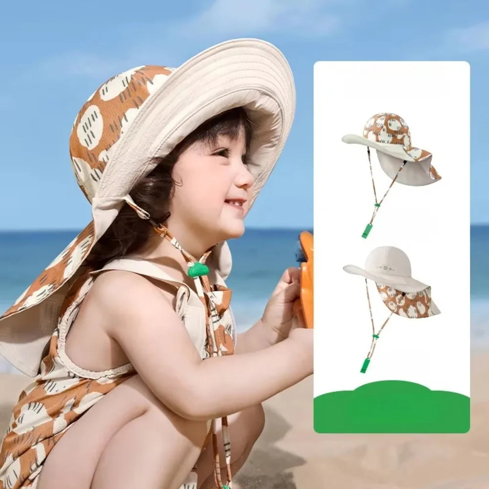 Chapeau de soleil confortable de style coréen pour enfant, double face, en coton, à large bord, idéal pour la plage et le sable, protection solaire UPF 50+, ajustable, pour l'été
