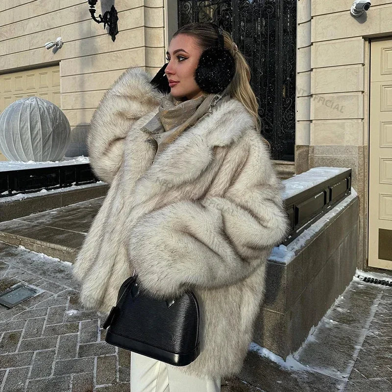 Neo Mint – manteau en fausse fourrure de renard surdimensionné pour femme, vêtement d'extérieur épais et chaud, à la mode, surdimensionné, dégradé, hiver 2024