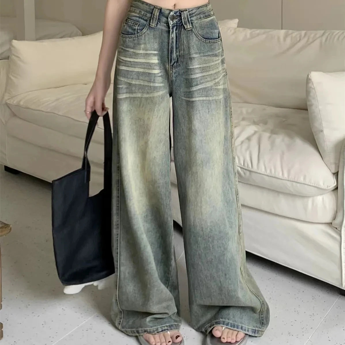 Y2K ample jambe droite jean femme pantalon Baggy coupe large décontracté taille haute rétro lavé Style Vintage jean femme jean
