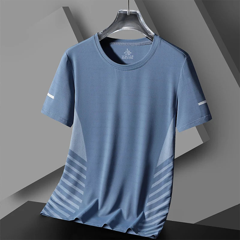 T-shirt de course homme été en soie glacée fine, imprimé réfléchissant, séchage rapide, manches courtes, respirant, idéal pour le fitness et le sport, taille 5XL