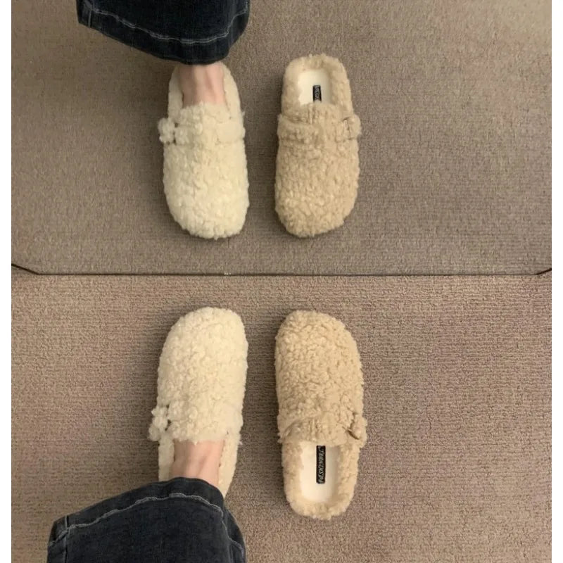 Sabots Boston en fourrure pour femmes, tendance hiver, semelle intérieure en liège, pantoufles chaudes et moelleuses avec soutien de la voûte plantaire, mules confortables en daim duveteux pour la maison