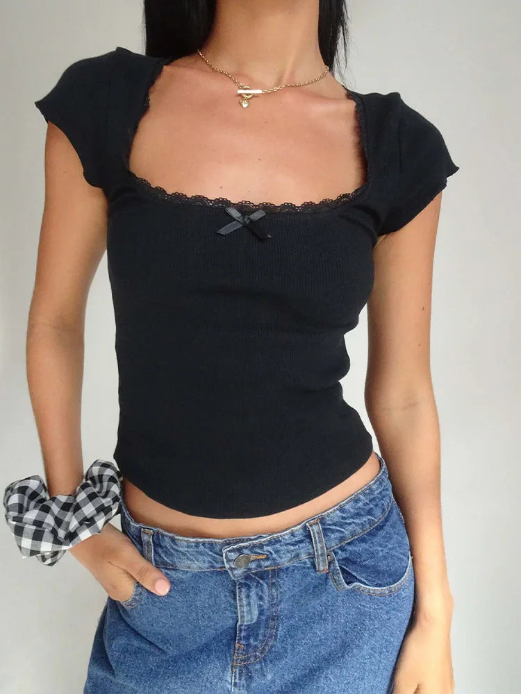 Y2k Vintage Bébé T-Shirt Cottage Dentelle Tricoté T-Shirt D'été Col Carré Manches Courtes T-Shirt Femmes Blanc Laitière Haut Court