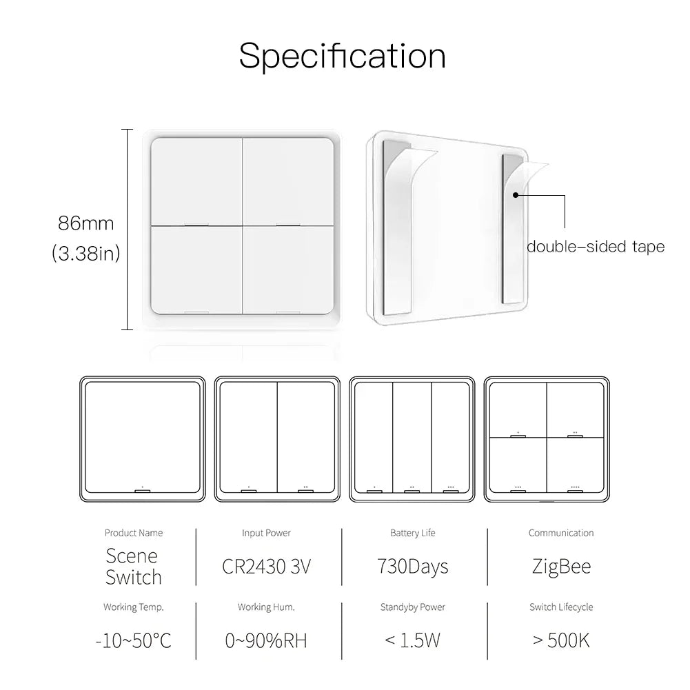 MOES 4 Gang Tuya ZigBee Wireless Scene Switch - 12 Customizable Automation Scenarios, Battery-Powered Push Button Controller for
