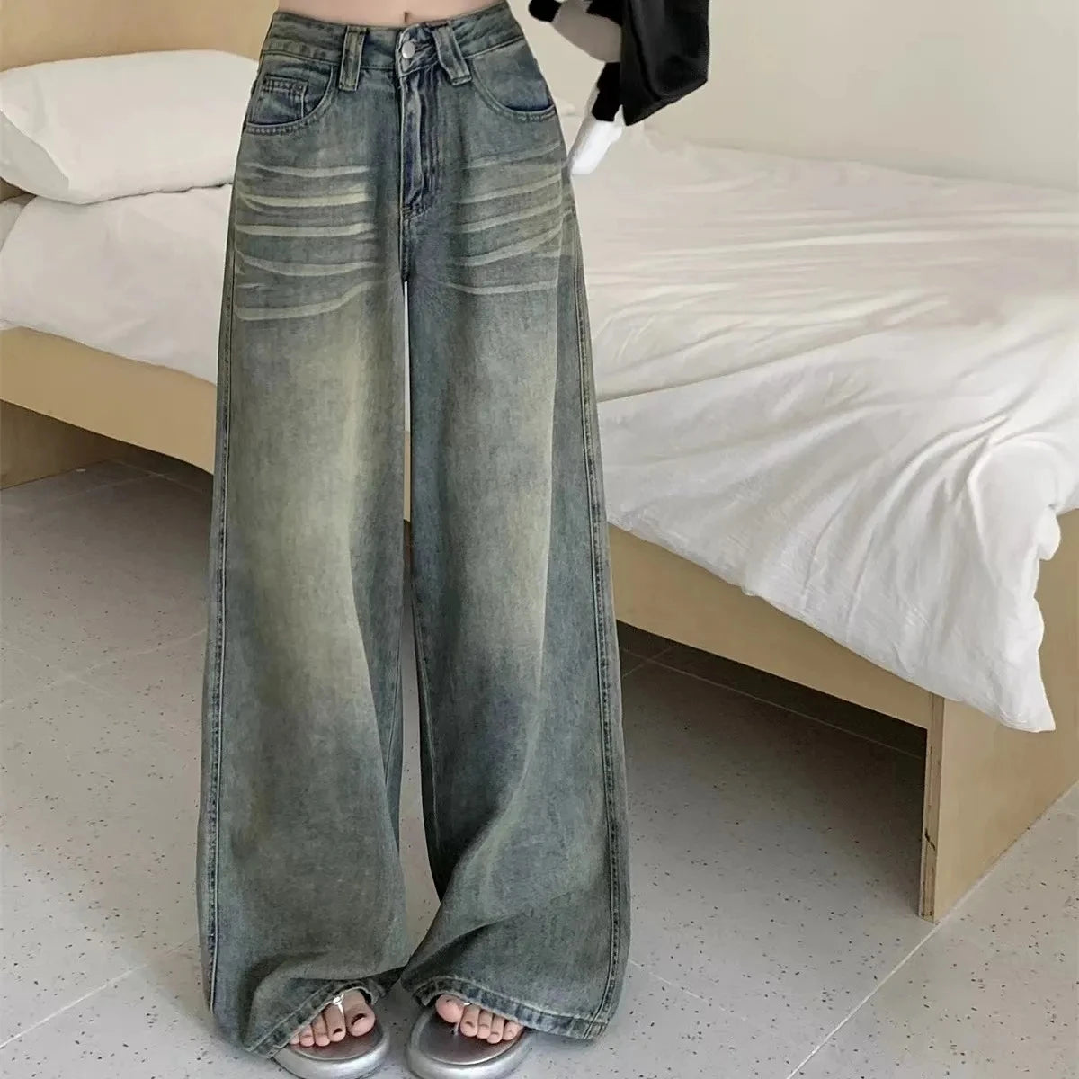 Y2K ample jambe droite jean femme pantalon Baggy coupe large décontracté taille haute rétro lavé Style Vintage jean femme jean