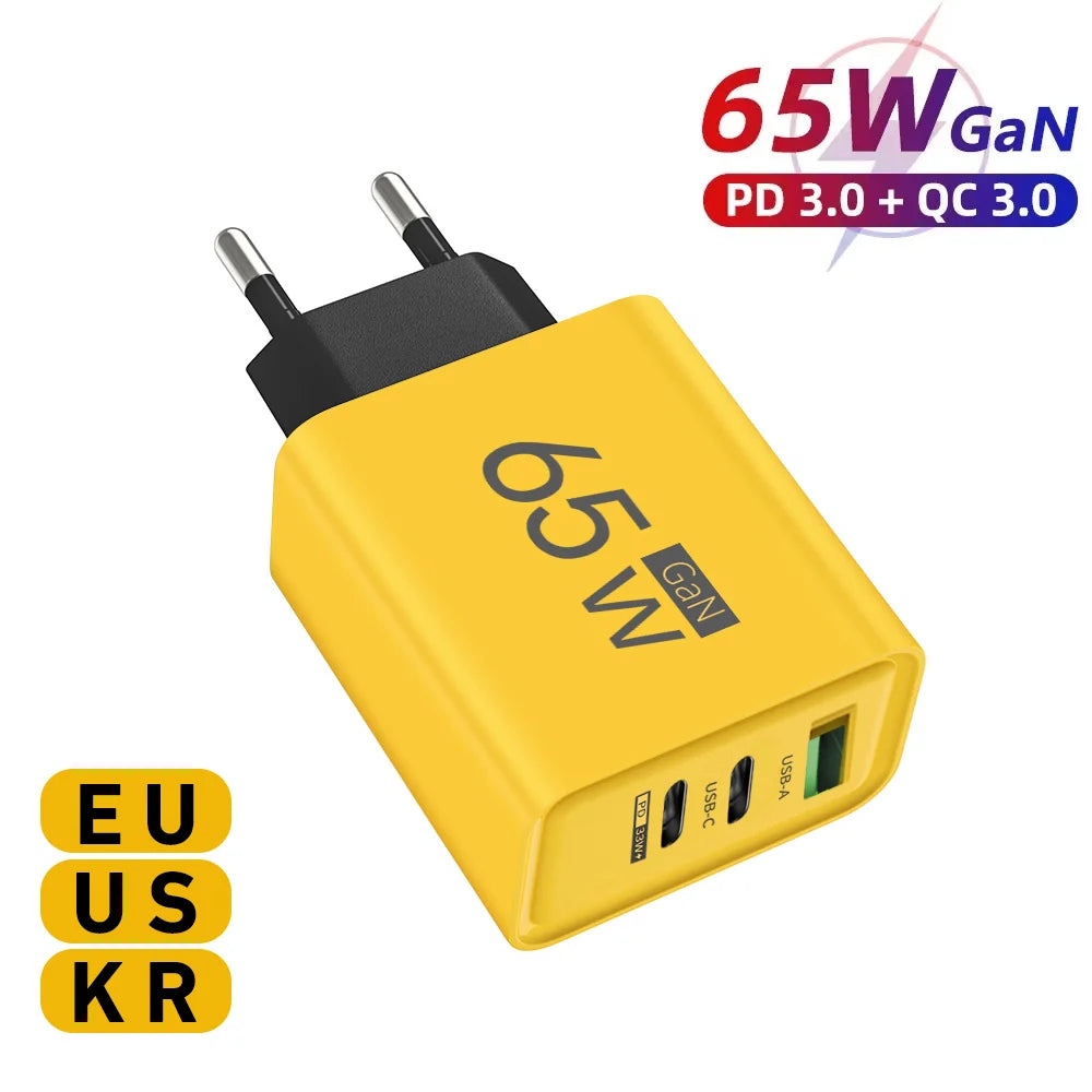Chargeur USB 65W pour téléphone portable, charge rapide, adaptateur d'alimentation de voyage pour iPhone Xiaomi Samsung Huawei