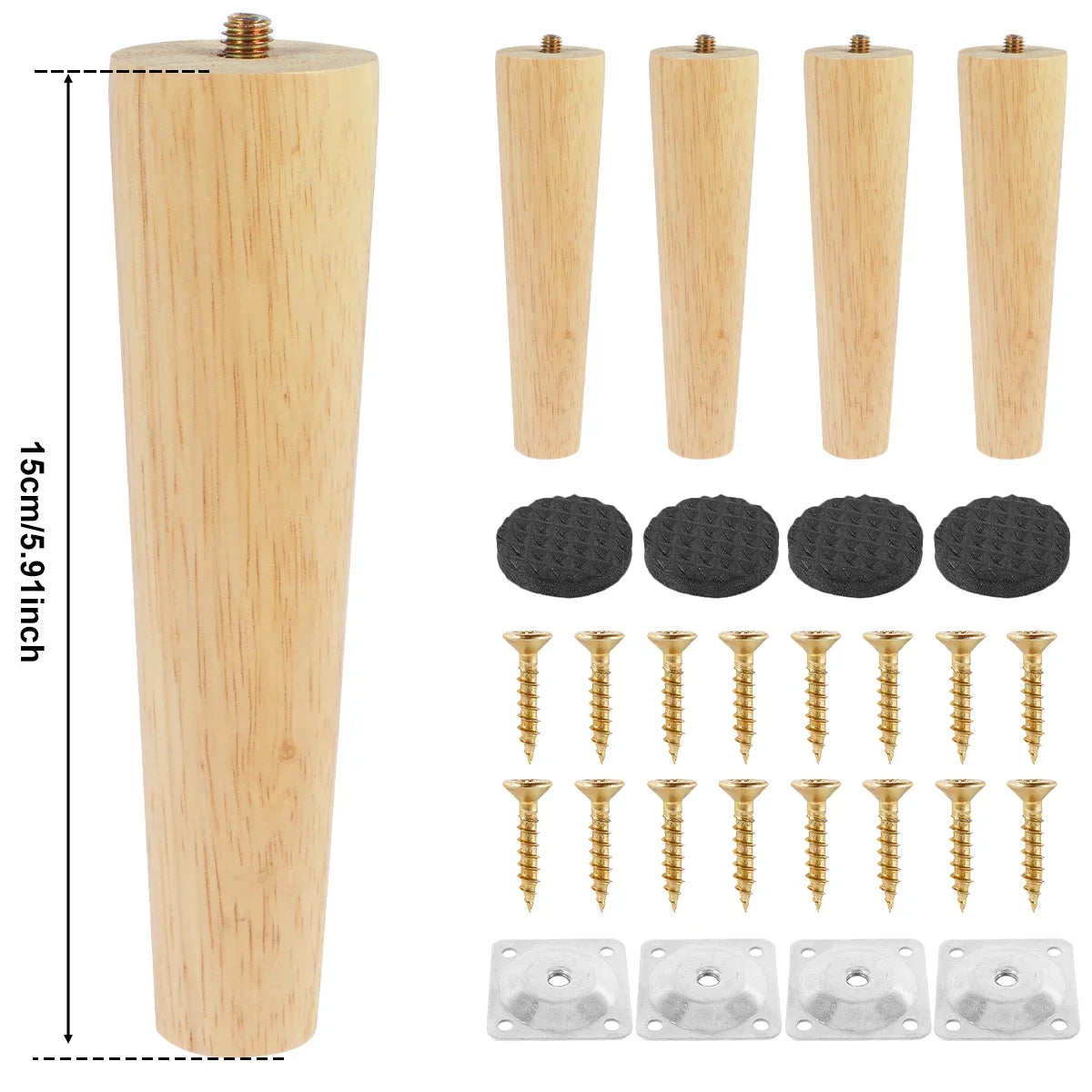 Lot de 4 pieds de meubles en bois massif, pieds de table obliques/droits, pieds de chaise antidérapants, pieds de rechange inclinés