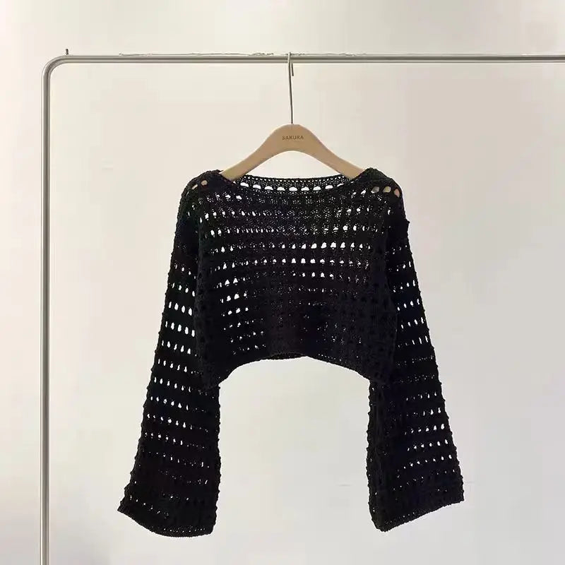 Manches longues Crochet Top En Tricot D'été Plage Bikini Couvrir Récolte Pull En Laine Tricot Chemisier Femmes Vacances Boho Tenue