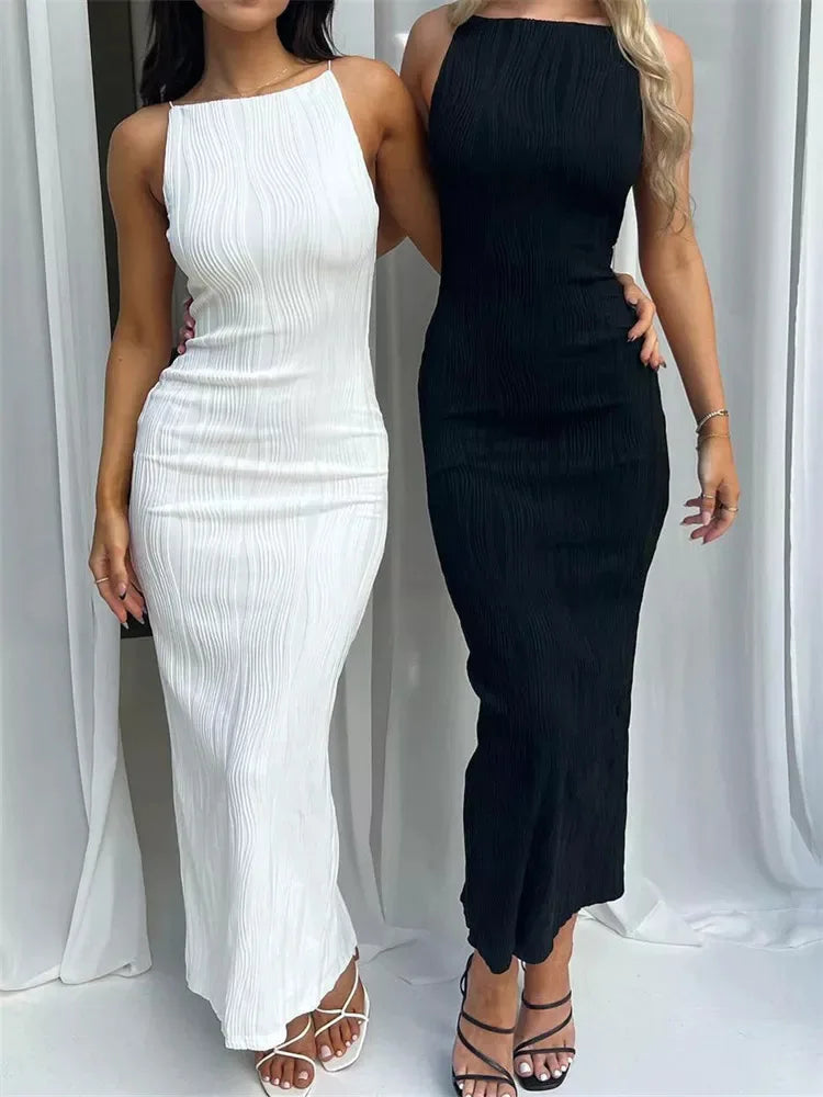 Robe longue froncée sans manches pour femmes, Sexy, Slim, couleur unie, dos fendu, tenue de soirée, Clubwear, été