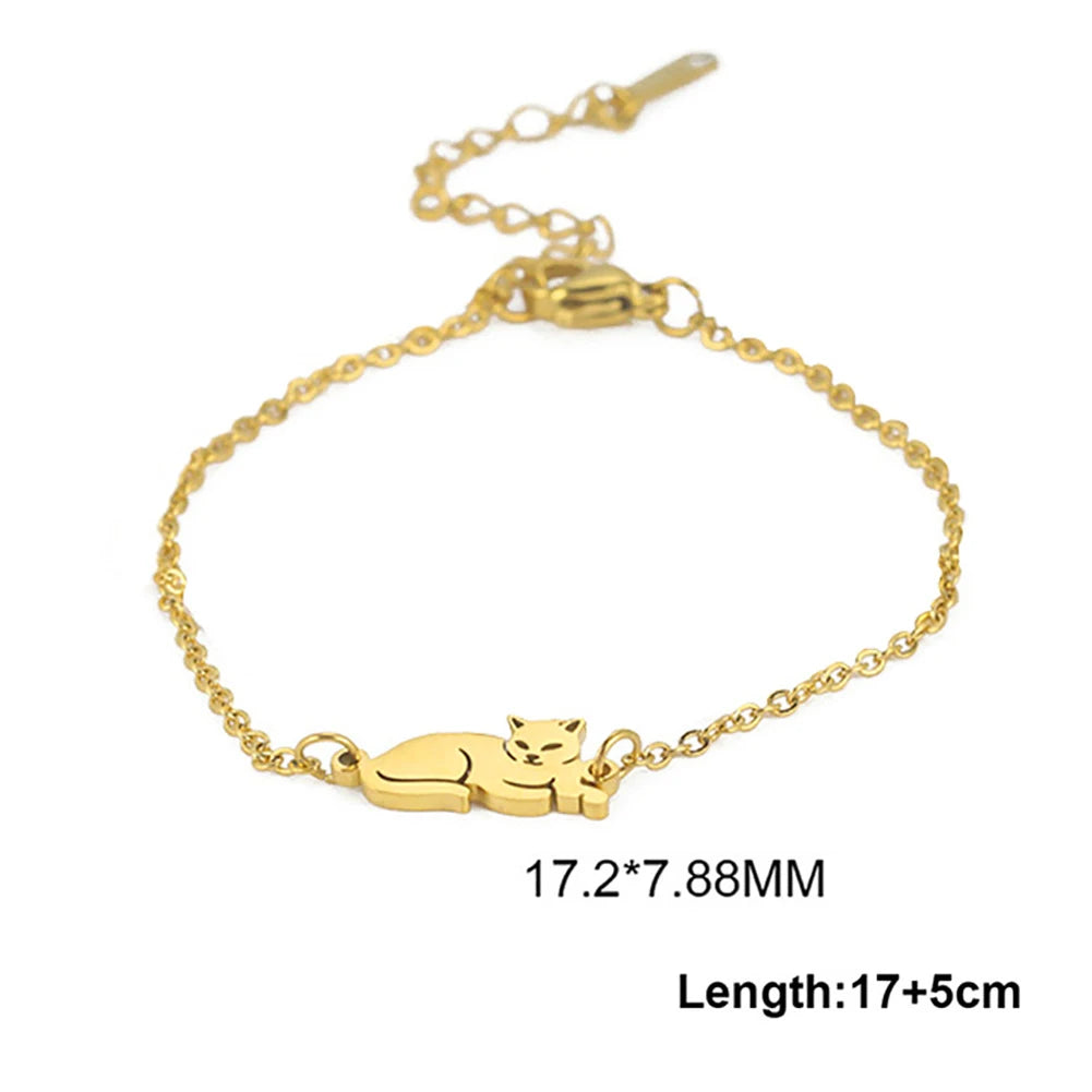 Bracelet Lucktune Chat Mignon en Acier Inoxydable avec Pendentif Animal et Chaîne à Perles - Bijou Tendance Kpop pour Femmes et Hommes - Cadeau Couple