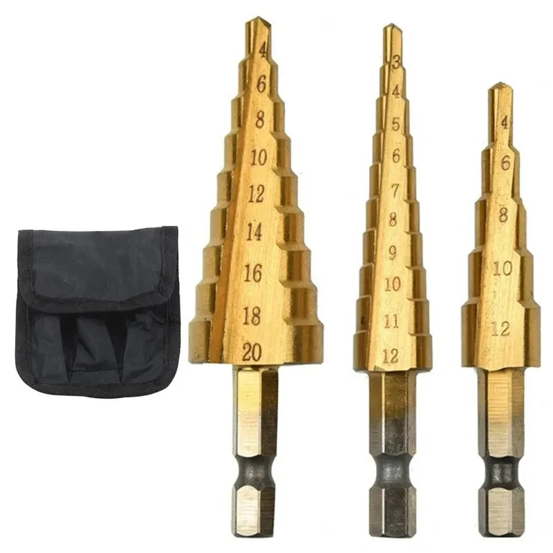 Foret étagé à tige hexagonale plaquée titane, rainure droite 3-12/4-12/4-20/4-32mm, foret pagode, outil de perçage, ensemble d'accessoires