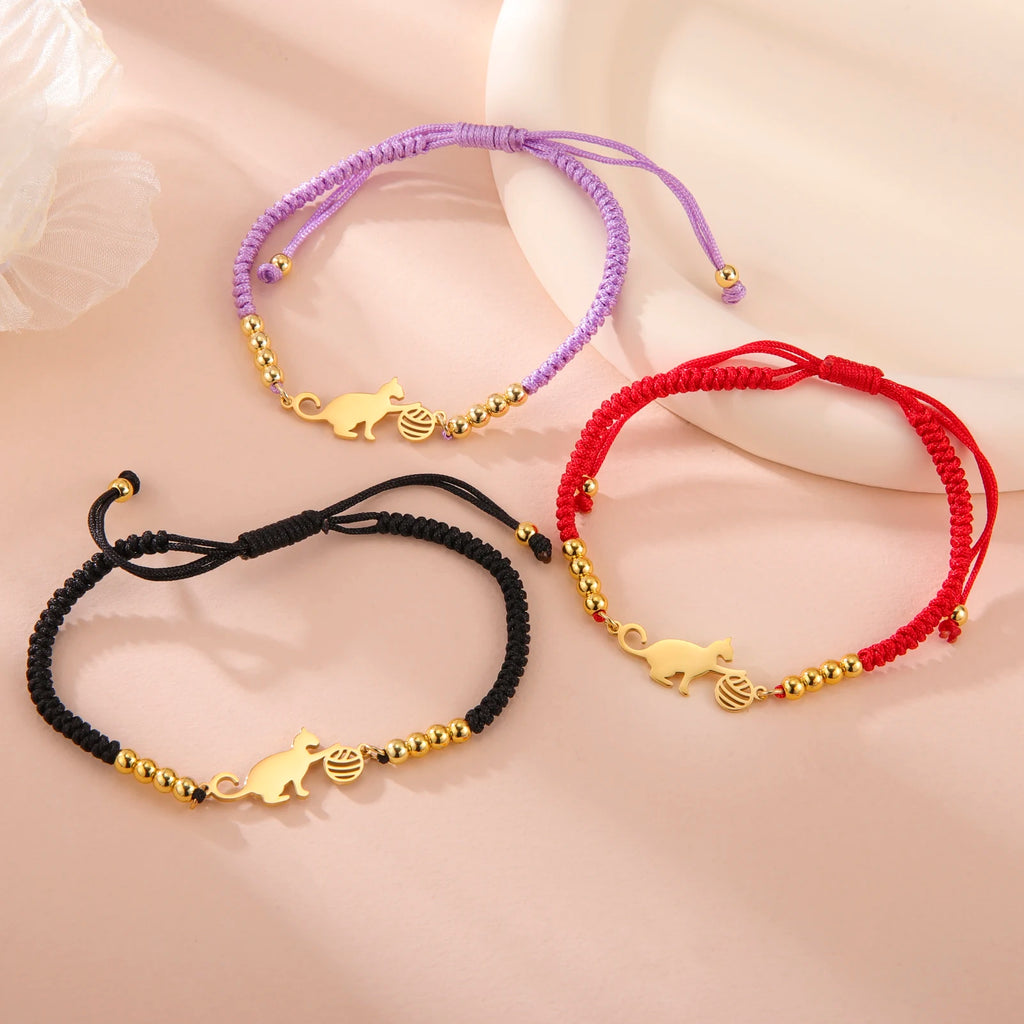 Bracelet Lucktune Chat Mignon en Acier Inoxydable avec Pendentif Animal et Chaîne à Perles - Bijou Tendance Kpop pour Femmes et Hommes - Cadeau Couple