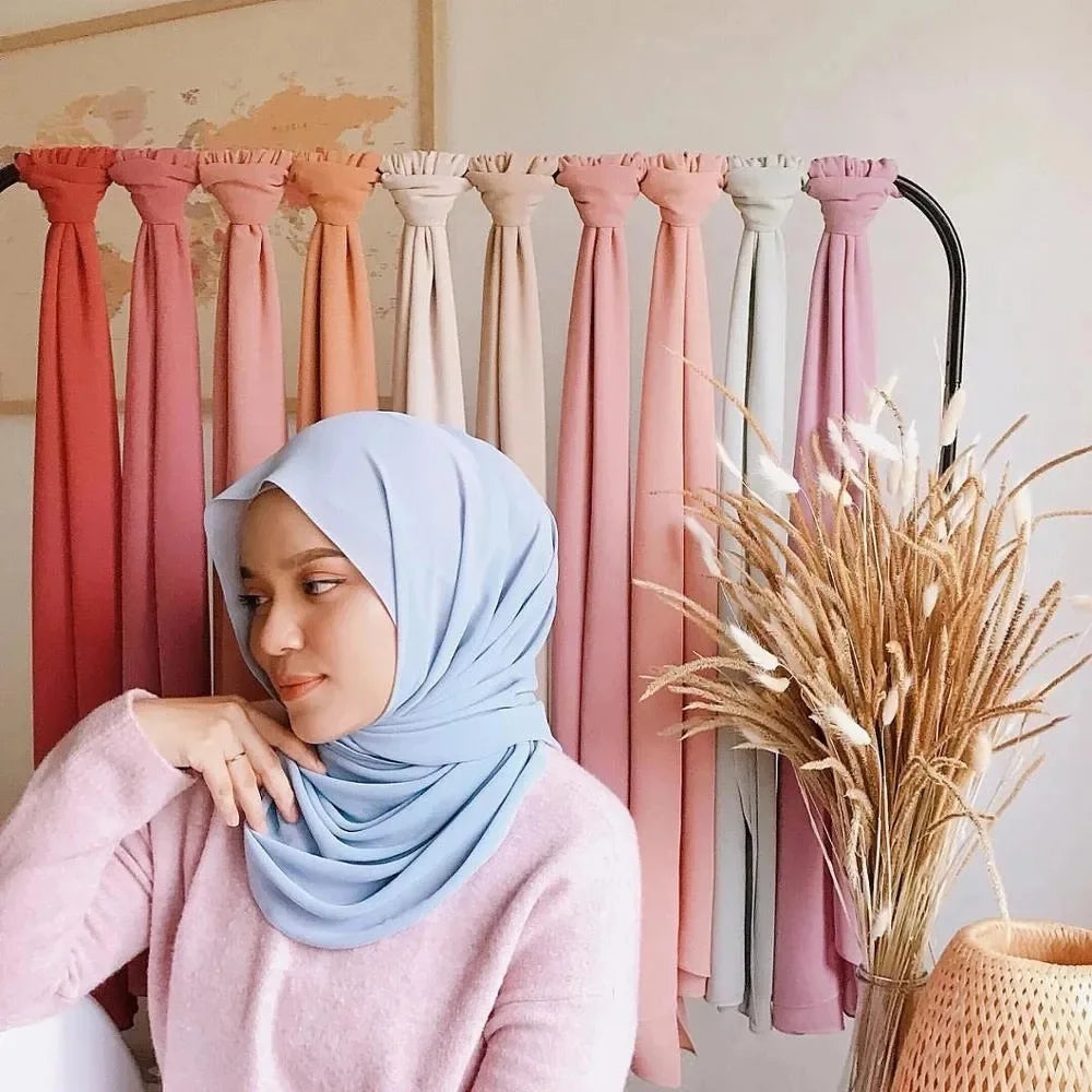 Musulman En Mousseline De Soie Hijab Écharpe Femmes Longue Couleur Unie Tête Wrap Pour Femmes Hijabs Foulards Dames Musulman Voile Jersey Hijabs