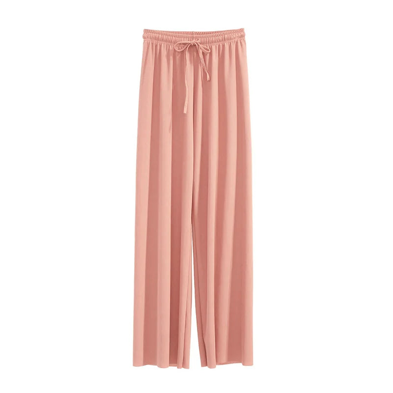 Pantalon à jambes larges pour femmes, longueur cheville, décontracté, couleur unie, taille élastique, ample, en soie glacée, printemps été