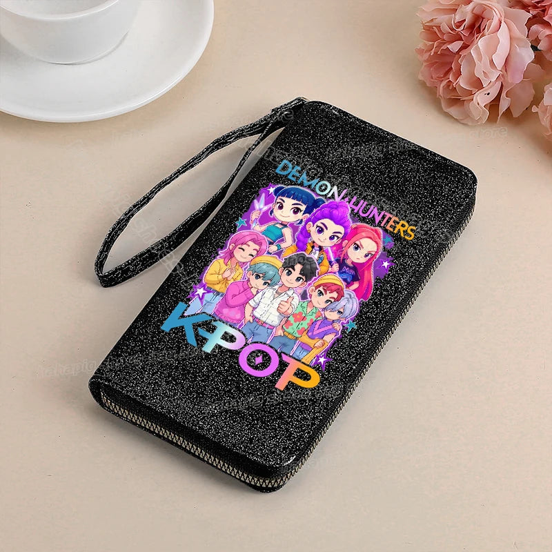 Portefeuille long KPop Demon Hunters pour femmes, à paillettes et fermeture éclair, en cuir PU, porte-monnaie, porte-cartes d'identité, pochette pour femme