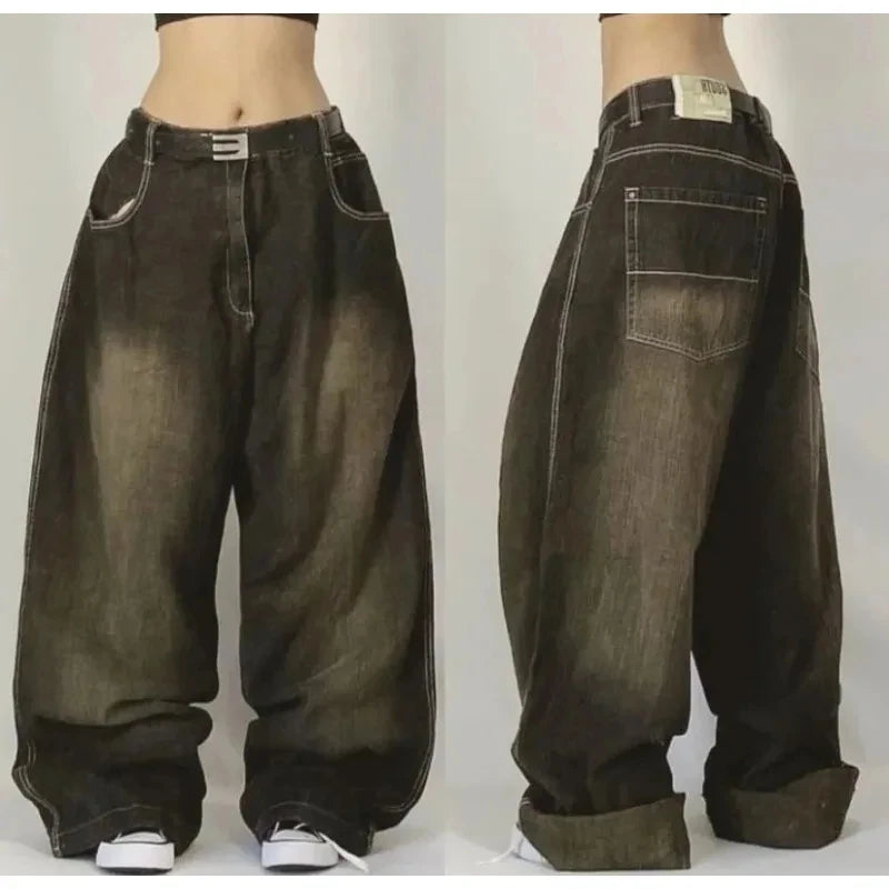 Mode américaine nouveau noir vieux trous lavés Baggy jean dames Y2K Vintage Punk mode décontracté Joker taille haute pantalon à jambes larges