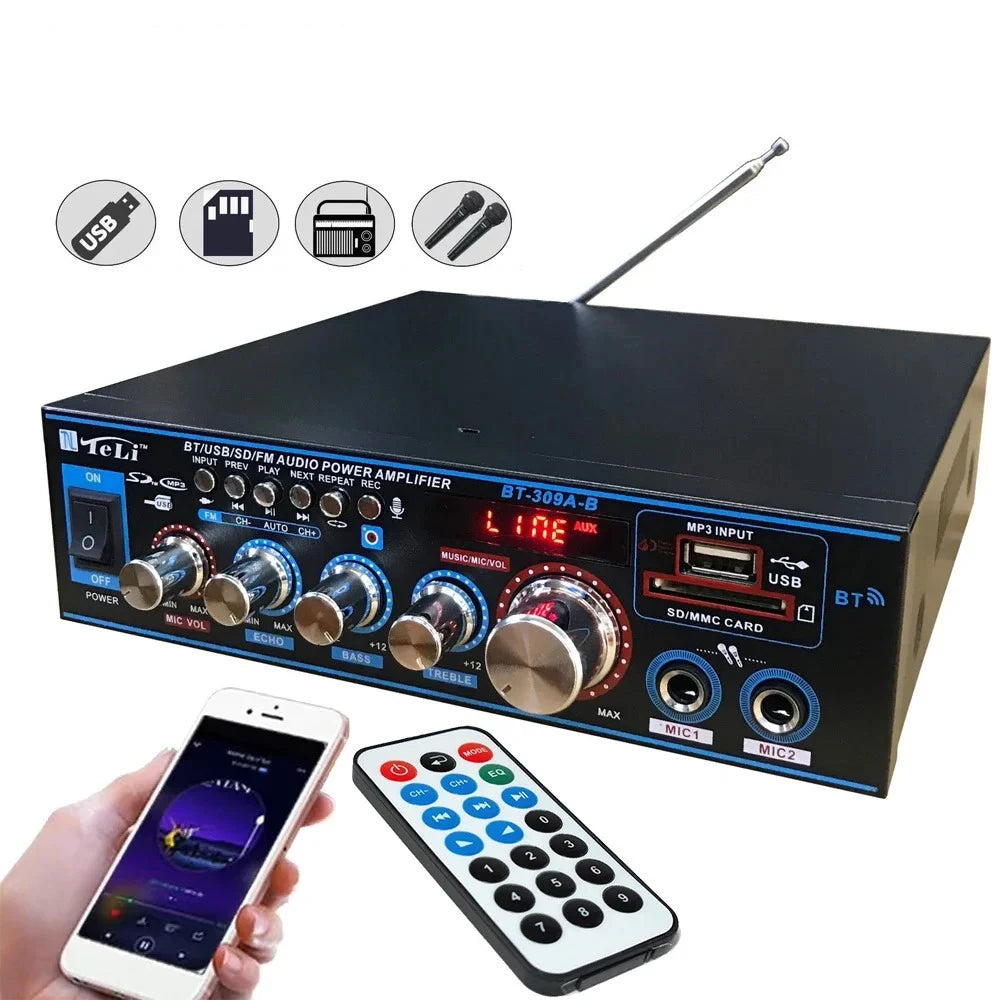 Amplificateur audio miniature BT-309A-B 35 W x 2 / Bluetooth USB SD FM AUX Entrée micro avec écho / Alimentation DC 12 V / AC 220 V