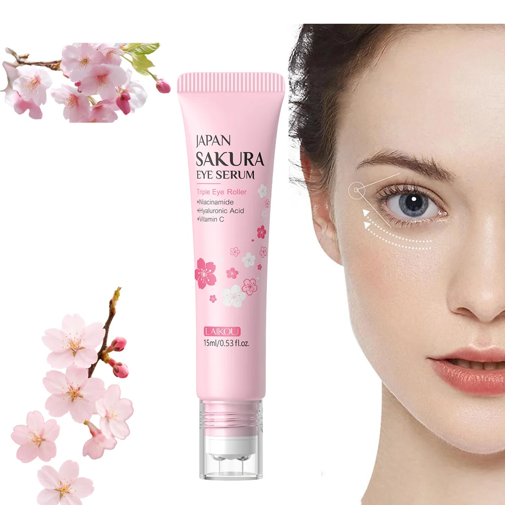 LAIKOU Sérum contour des yeux Sakura, massage à l'acide hyaluronique, soin hydratant et anti-cernes, 15 ml