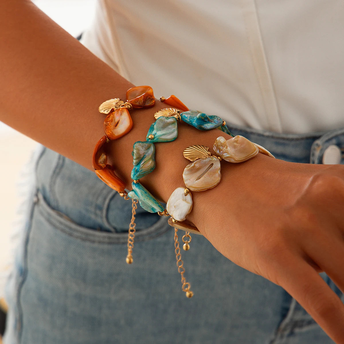 Bracelets Ingemark multicolores bohèmes à maillons irréguliers pour femmes, style Kpop, boucle OT, pendentif conque, bijoux de main esthétiques Y2K