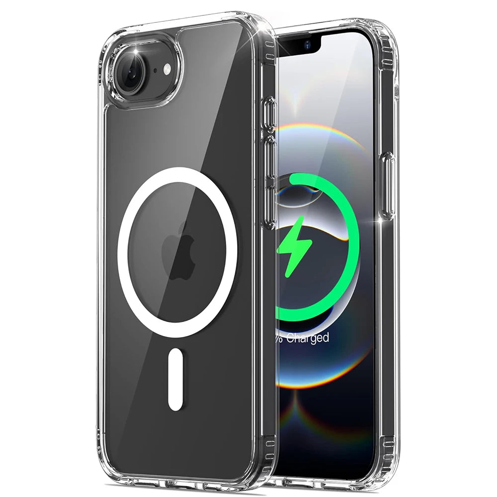 Coque magnétique MagSafe résistante pour iPhone 16e, 16, 15, 14, 13, 12, 11 Pro Max Plus, Mini - Coque arrière hybride rigide en silicone transparent