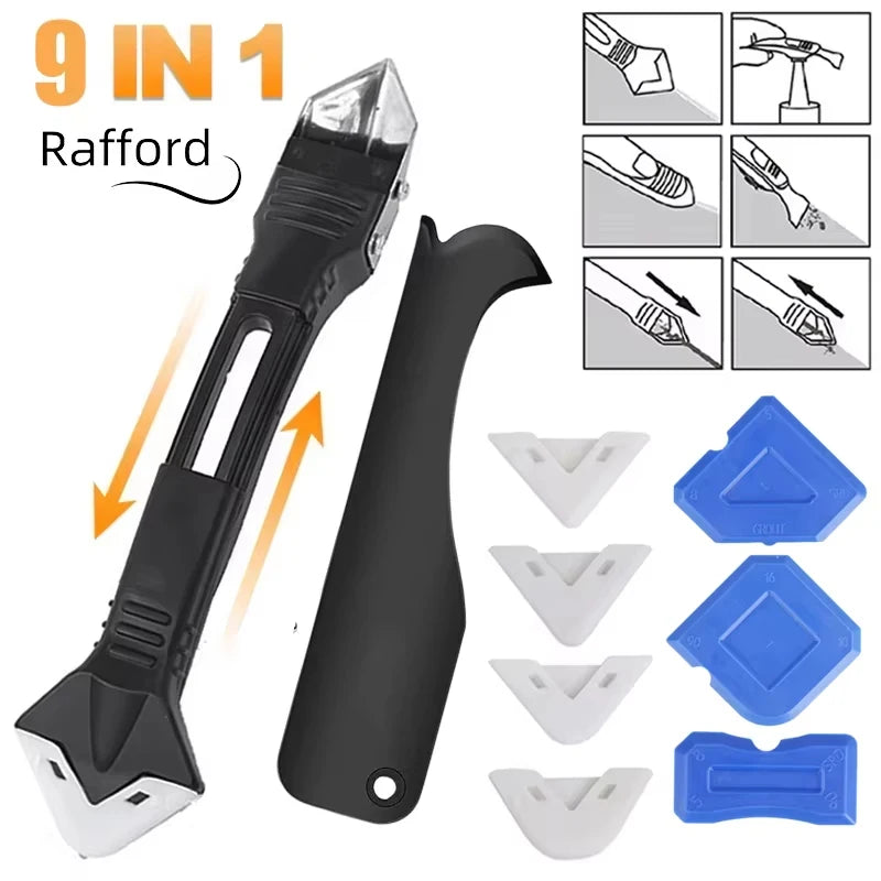 Kit d'outils de colle pour pelle à tête métallique 5 en 1 : spatule en silicone, dissolvant de calfeutrage, retrait de coulis, finition de mastic et déchets de coin