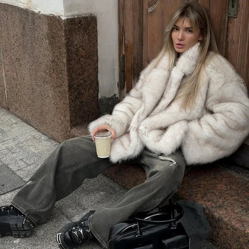 Neo Mint – manteau en fausse fourrure de renard surdimensionné pour femme, vêtement d'extérieur épais et chaud, à la mode, surdimensionné, dégradé, hiver 2024