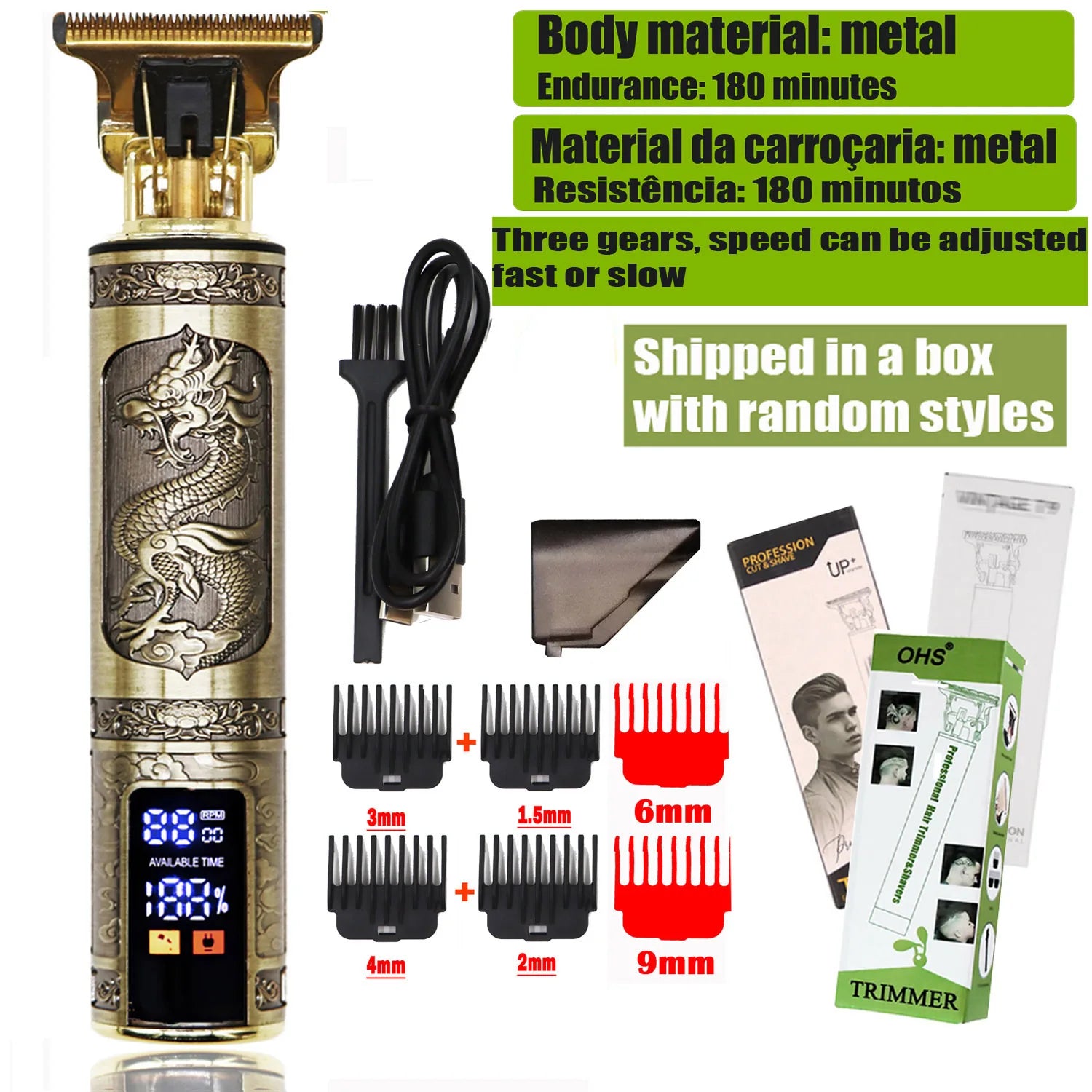 T9 HairClipper Beard Shaving Body Hair Trimmer Clippers Electric Machine Men Haircut Machine 0mm Barber ShaverDragon Carved