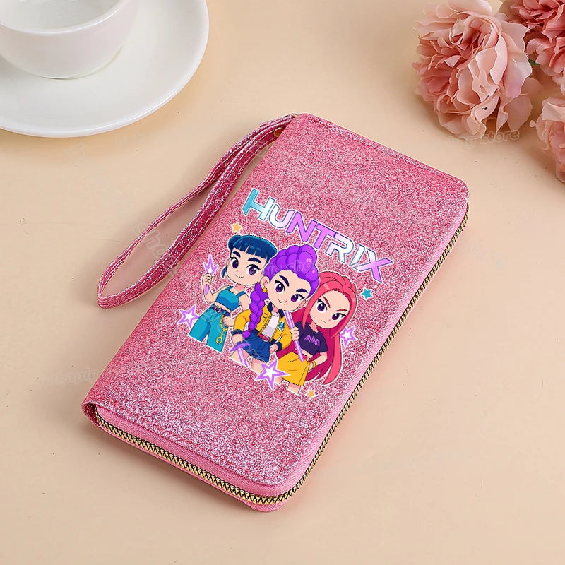 Portefeuille long KPop Demon Hunters pour femmes, à paillettes et fermeture éclair, en cuir PU, porte-monnaie, porte-cartes d'identité, pochette pour femme