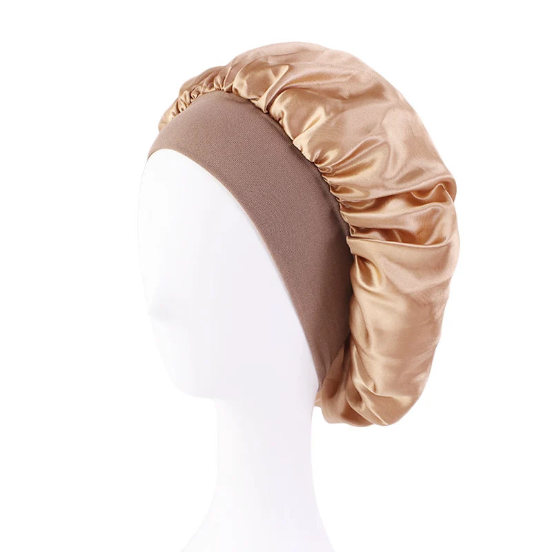 Bonnets solides en Satin pour femmes, Bonnet de bain à larges bords pour dormir la nuit, unisexe, bandeau élastique, Bonnet de soins capillaires