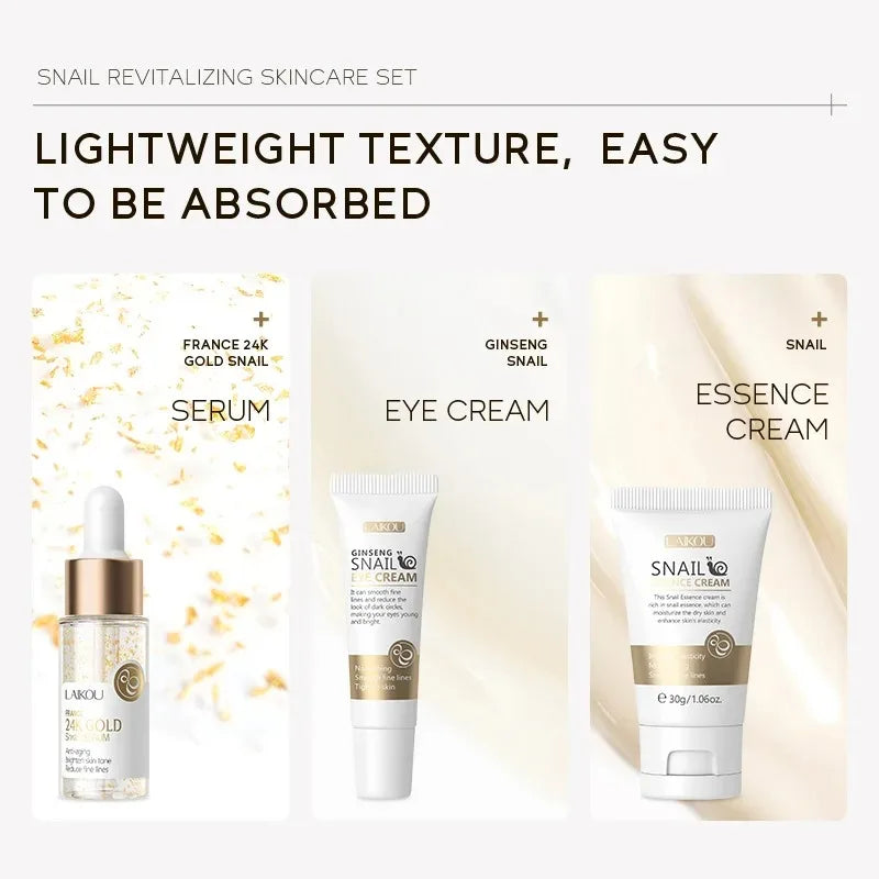 3pcs/set LAIKOU Ensemble de soins de la peau Vitamin C Sakura Essence d’escargot Sérum & Crème pour les yeux et le visage Hydratant Taille de voyage Ensemble de soins de la peau