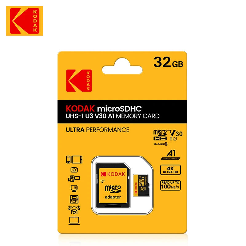 Carte mémoire KODAK Micro SD 512 Go 256 Go, jusqu'à 100 Mo/s, C10 U3, 32 Go 64 Go 128 Go, compatible 4K HD, pour lecteur de cartes USB et adaptateur MicroSD.