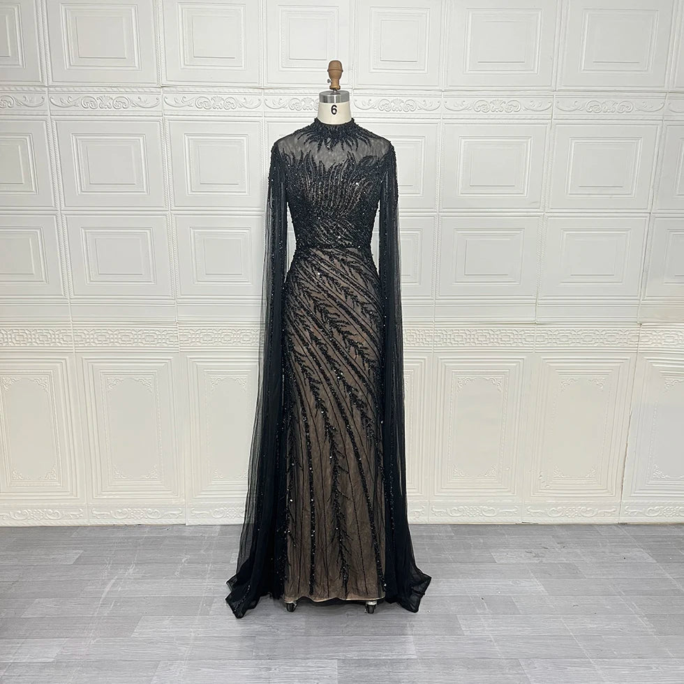 Robes de soirée de luxe sirène à manches cape perlées et col montant, collection 2025 à Dubaï, pour femmes, mariages et autres occasions spéciales