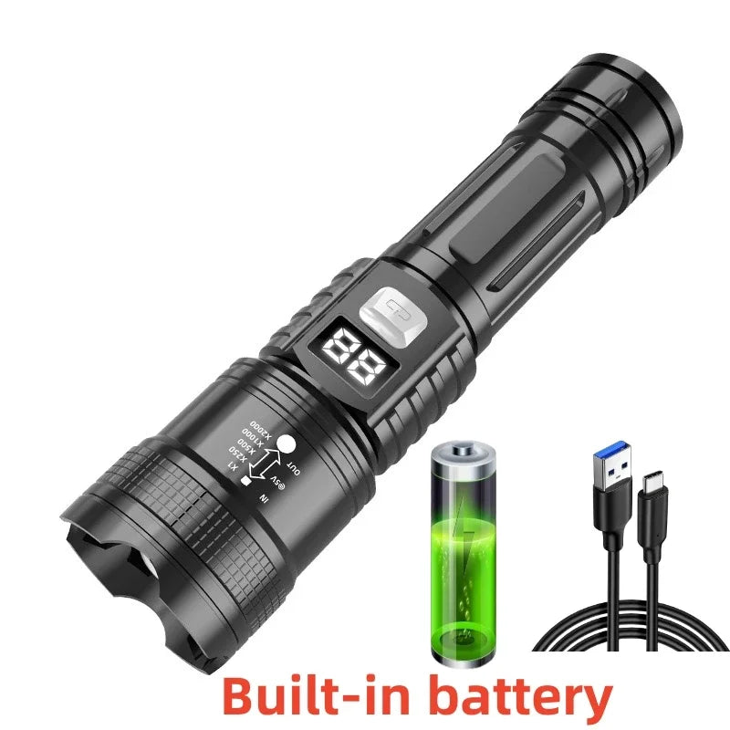 Lampe torche LED haute puissance, lampe tactique avec affichage lumineux, chargement USB, idéale pour le camping, la pêche et les situations d'urgence