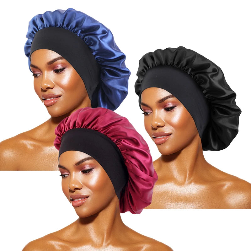 Bonnets solides en Satin pour femmes, Bonnet de bain à larges bords pour dormir la nuit, unisexe, bandeau élastique, Bonnet de soins capillaires
