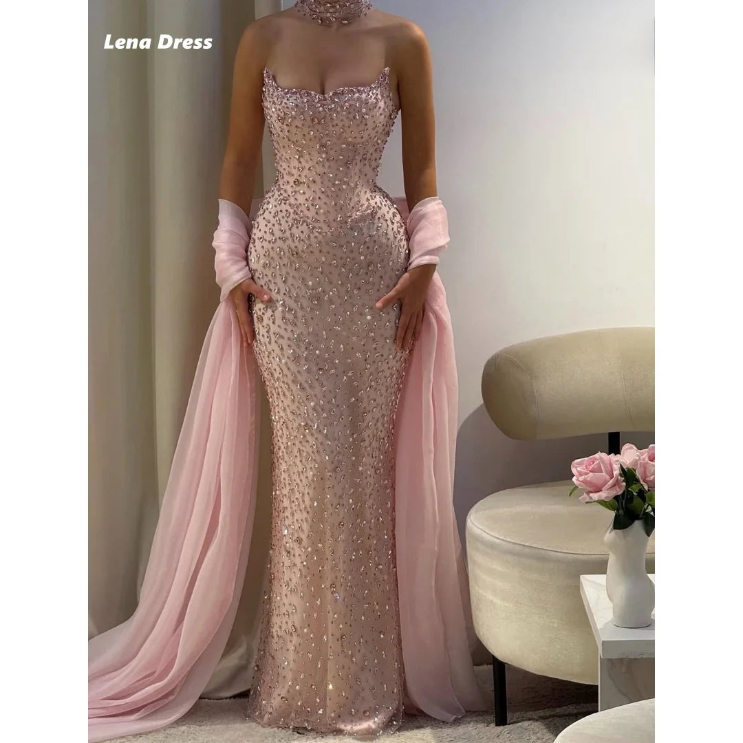 Robe de soirée Lena personnalisée pour femme, ornée de strass, élégante robe longue rose brillante, coupe sirène.