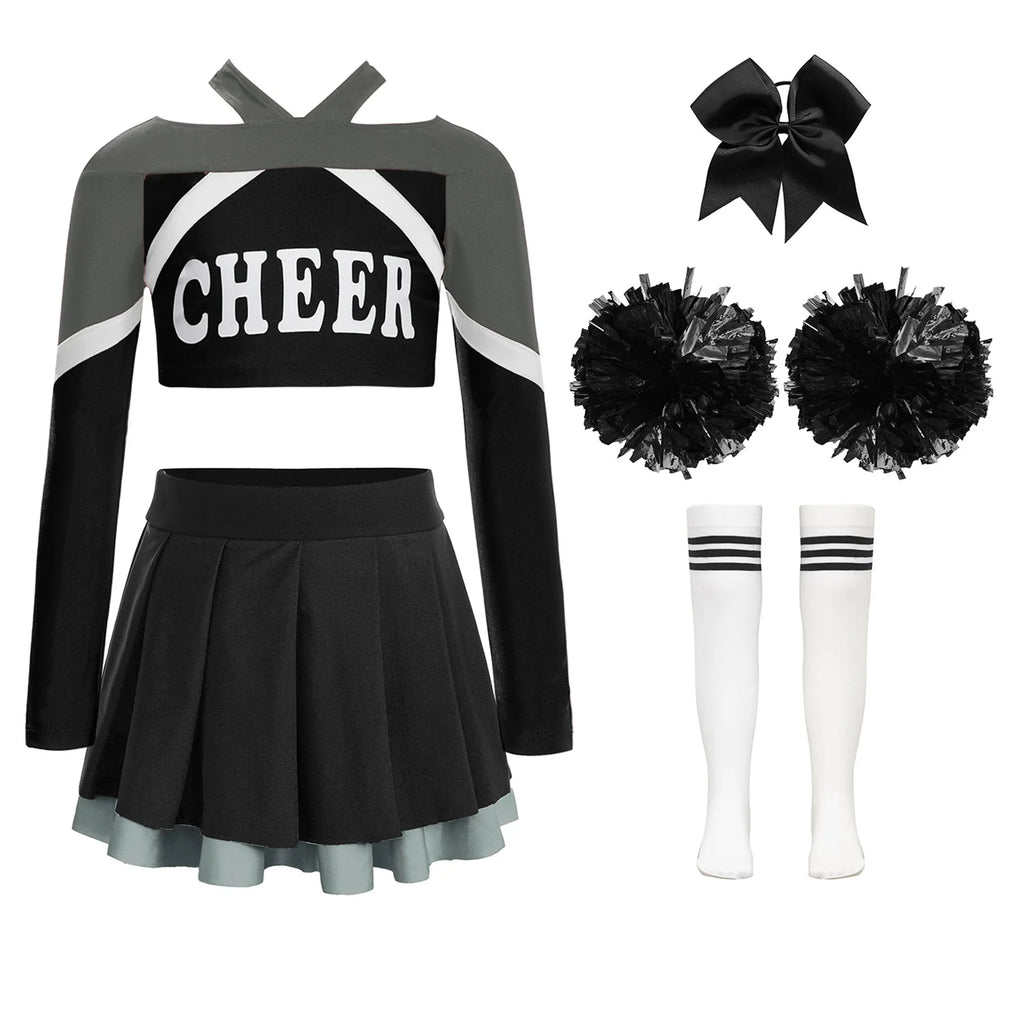 Uniformes de pom-pom girl pour enfants filles, 4 pièces, tenue de danse à l'école, paillettes brillantes, robe à épaules dénudées, déguisement de pom-pom girl de carnaval