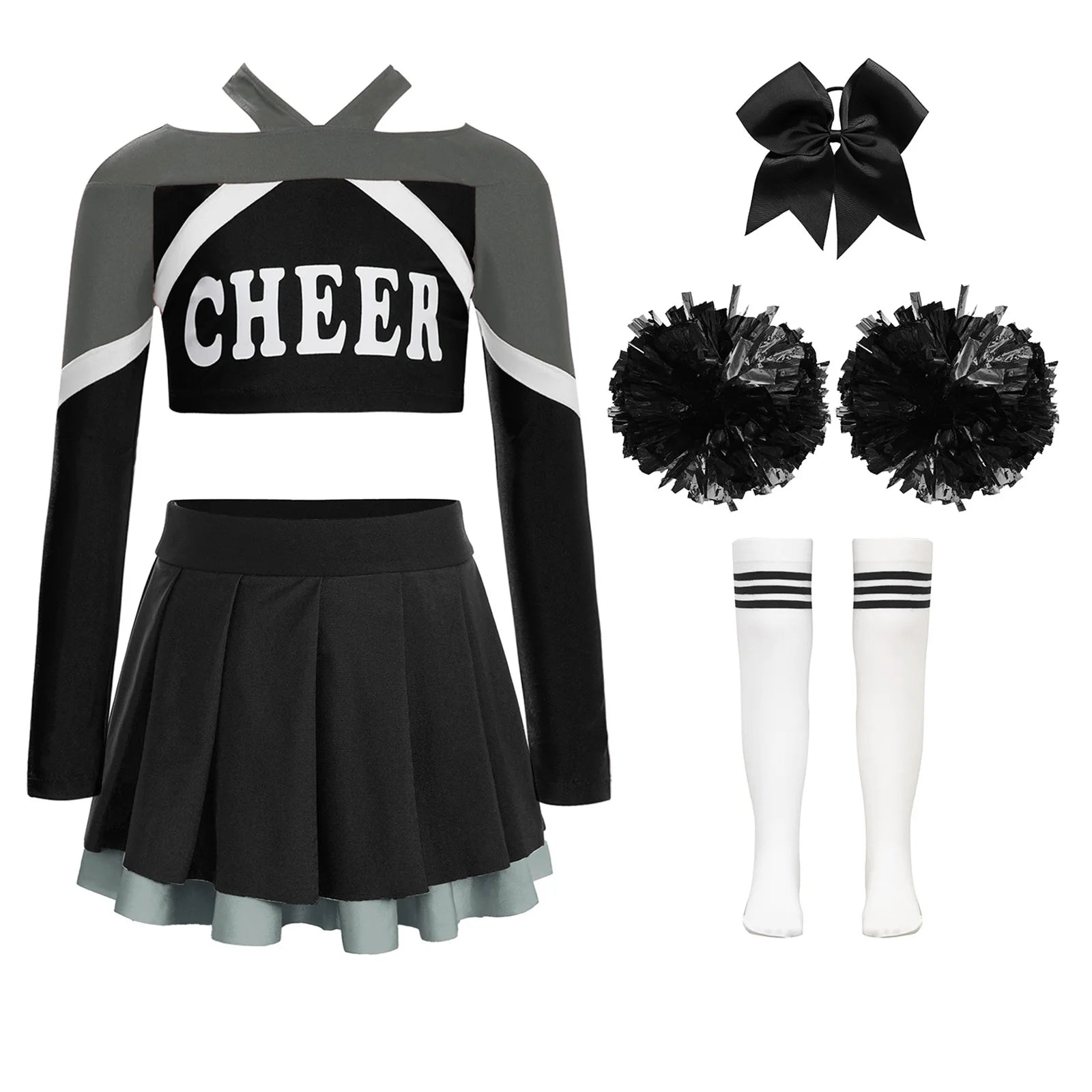 Uniformes de pom-pom girl pour enfants filles, 4 pièces, tenue de danse à l'école, paillettes brillantes, robe à épaules dénudées, déguisement de pom-pom girl de carnaval