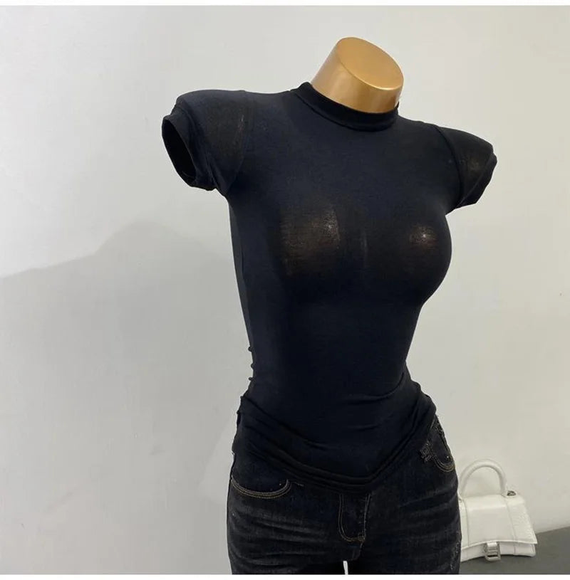 T-shirt coréen à col mi-haut, Transparent, manches courtes, coupe cintrée, élastique, solide, chemise à bascule intérieure, Sexy, grande poitrine