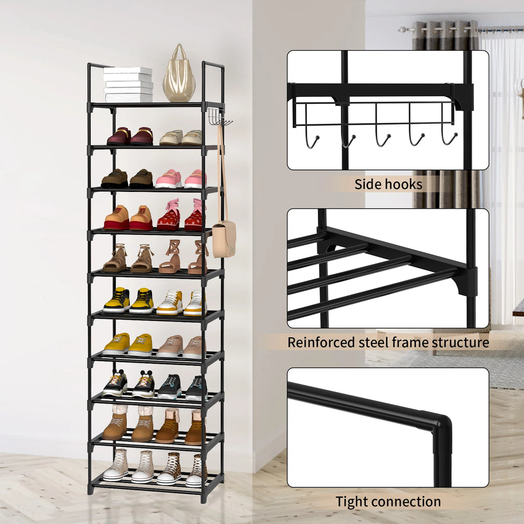 Étagère à chaussures EFAN, rangement à chaussures en métal à 10 niveaux, design personnalisable, structure métallique, étagère gain de place, pour chambre ou couloir.
