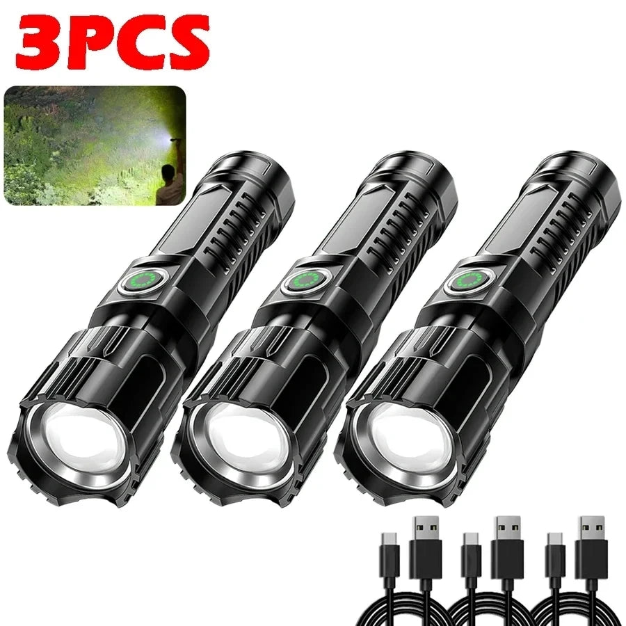 Lampe de poche LED puissante avec affichage de batterie, Rechargeable par USB, Zoom télescopique, torche, lanterne pour Camping en plein air, pêche, 9900lm